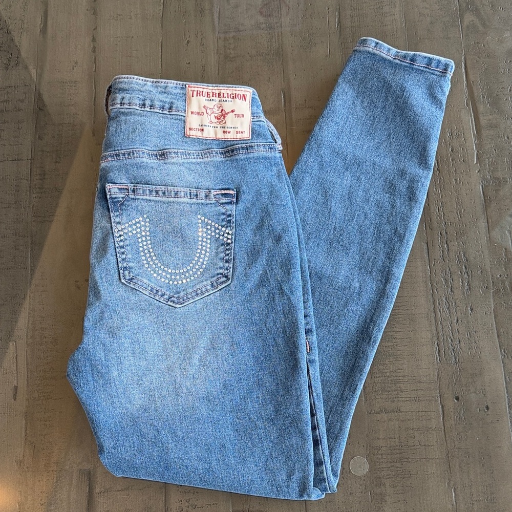 True Religion Women's Light Blue Skinny Jeans. Rhinestone Pocket Detail. Size 27 - Picture 1 of 8